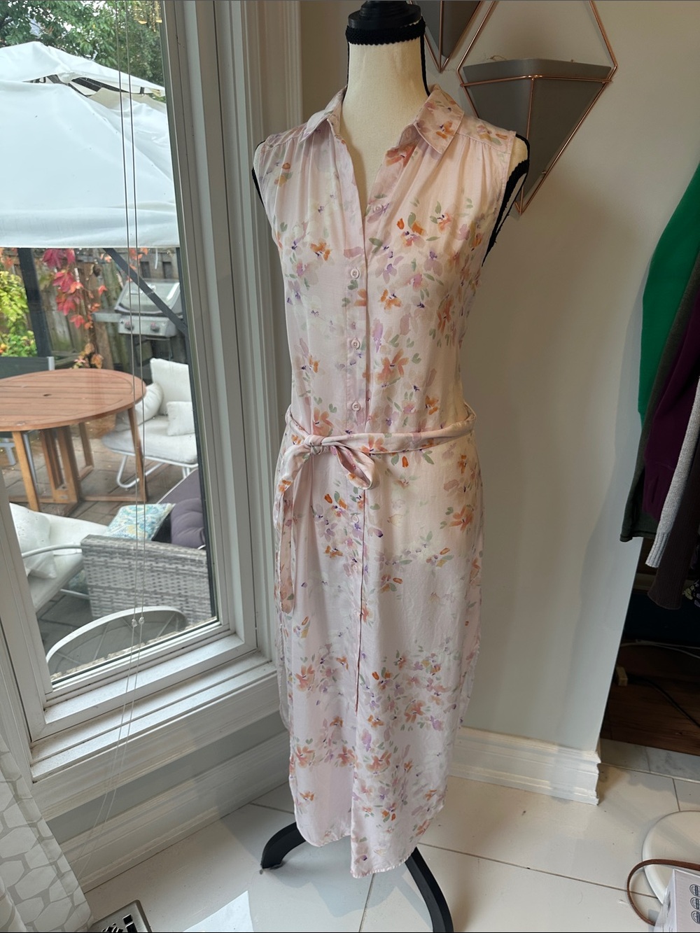 CLOTH & STONE ANTHROPOLOGIE Pink Floral Tie-Waist Button Front Maxi Dress Small